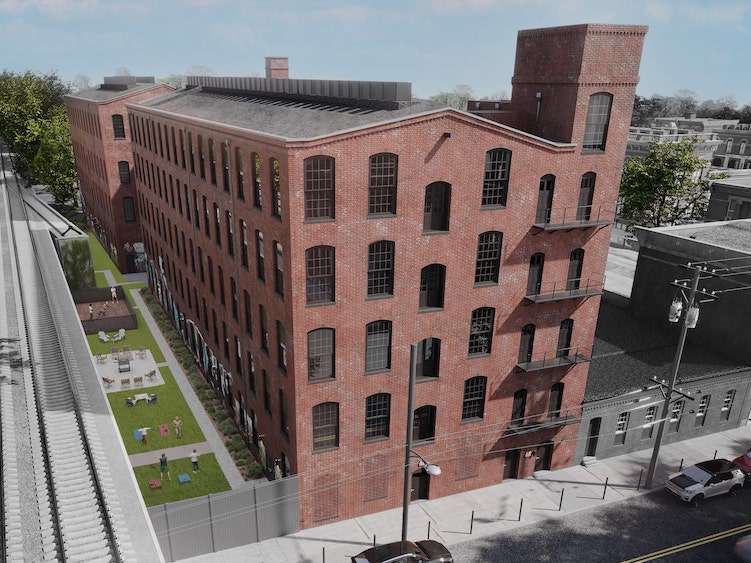 Arial exterior rending view of Collins Lofts building, sidewalk and courtyard